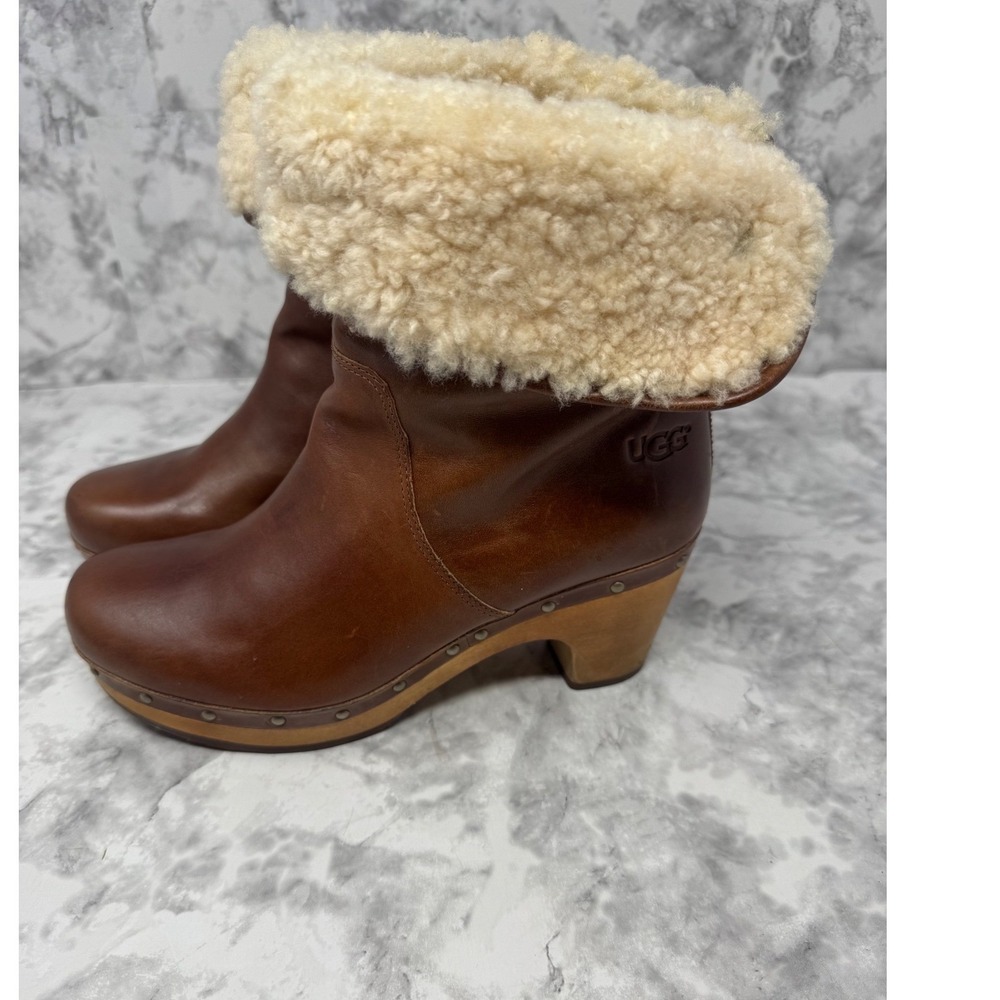 UGG Australia Lynnea Brown Leather Shearling Clog Ankle Boots 1958 Womens 6